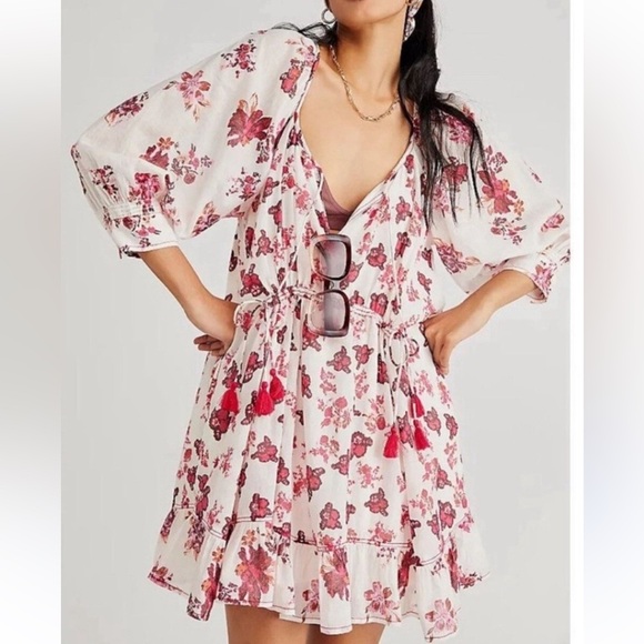 Free People Dresses & Skirts - Free People Camilla Mini in Ivory Combo Magenta Pink Floral Long Sleeve Dress Sm